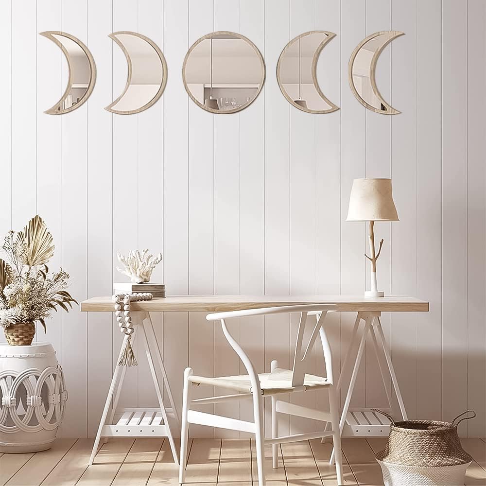 5 Piece Moon Phase Mirror Set, Scandinavian Natural Decor Wall Decorative Mirror Home Decor Bohemian Moon Mirror for Living Room Bedroom, Acrylic Mirror, Not Real Mirror(Beige)