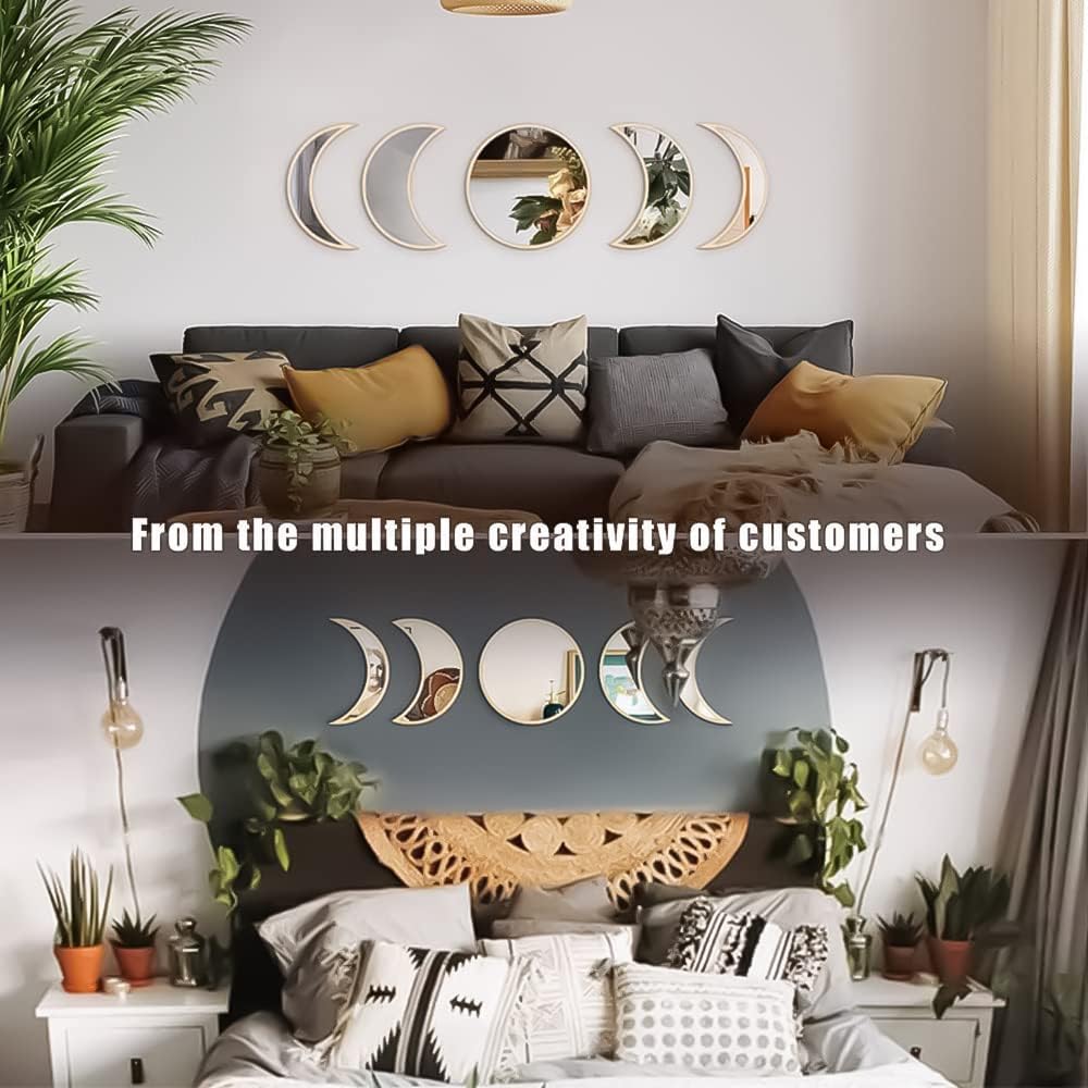 5 Piece Moon Phase Mirror Set, Scandinavian Natural Decor Wall Decorative Mirror Home Decor Bohemian Moon Mirror for Living Room Bedroom, Acrylic Mirror, Not Real Mirror(Beige)