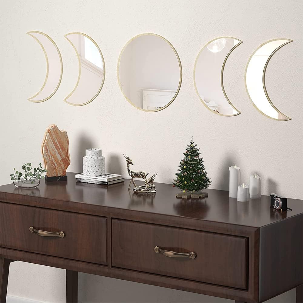 5 Piece Moon Phase Mirror Set, Scandinavian Natural Decor Wall Decorative Mirror Home Decor Bohemian Moon Mirror for Living Room Bedroom, Acrylic Mirror, Not Real Mirror(Beige)