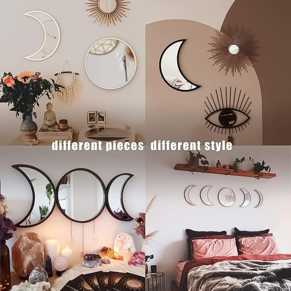 5 Piece Moon Phase Mirror Set, Scandinavian Natural Decor Wall Decorative Mirror Home Decor Bohemian Moon Mirror for Living Room Bedroom, Acrylic Mirror, Not Real Mirror(Beige)