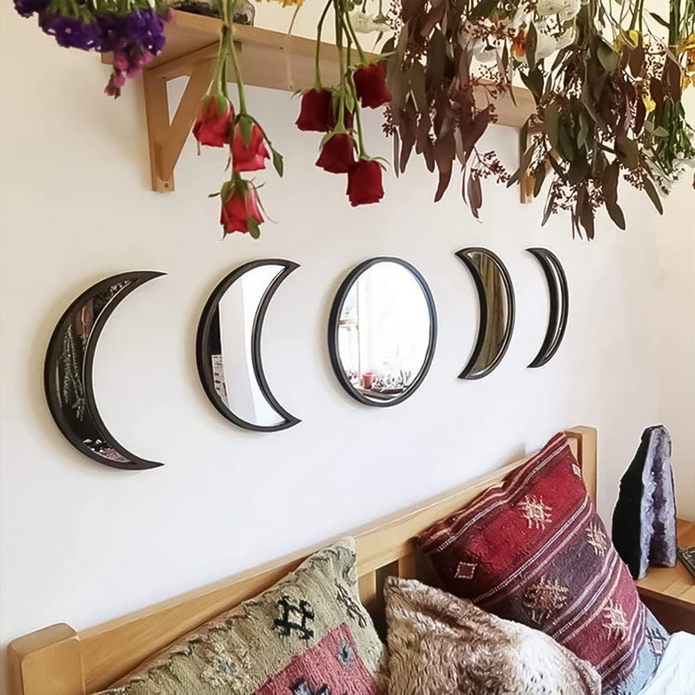 5 Piece Moon Phase Mirror Set, Scandinavian Natural Decor Wall Decorative Mirror Home Decor Bohemian Moon Mirror for Living Room Bedroom, Acrylic Mirror, Not Real Mirror(Beige)