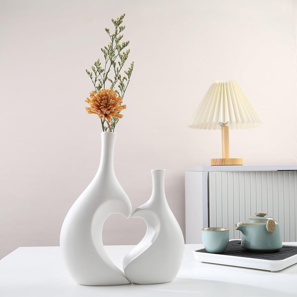 White Ceramic Vase Set of 2,Heart Shaped vase, Matte Frosted Texture Finish,Farmhouse Decor, Home Decor, Vases for Your Bedroom, Office, Living Room, Bathroom (White)