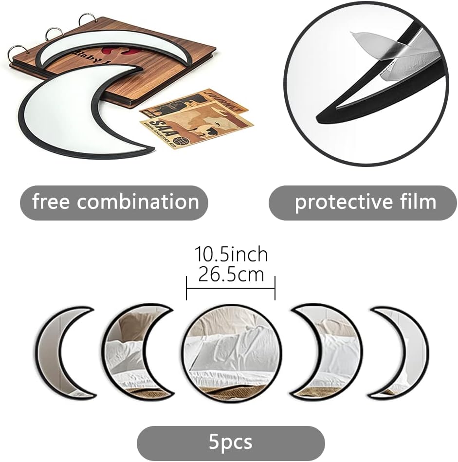 5 Piece Moon Phase Mirror Set, Scandinavian Natural Decor Wall Decorative Mirror Home Decor Bohemian Moon Mirror for Living Room Bedroom, Acrylic Mirror, Not Real Mirror(Beige)