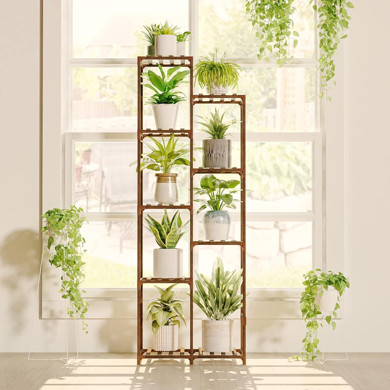 Bamworld Plant Stand Indoor Plant Shelf Outdoor Wood Plant Rack for Multiple Plants 3 Tiers Ladder Plant Pot Holder for Living Room Patio Boho Home Decor for Gardening