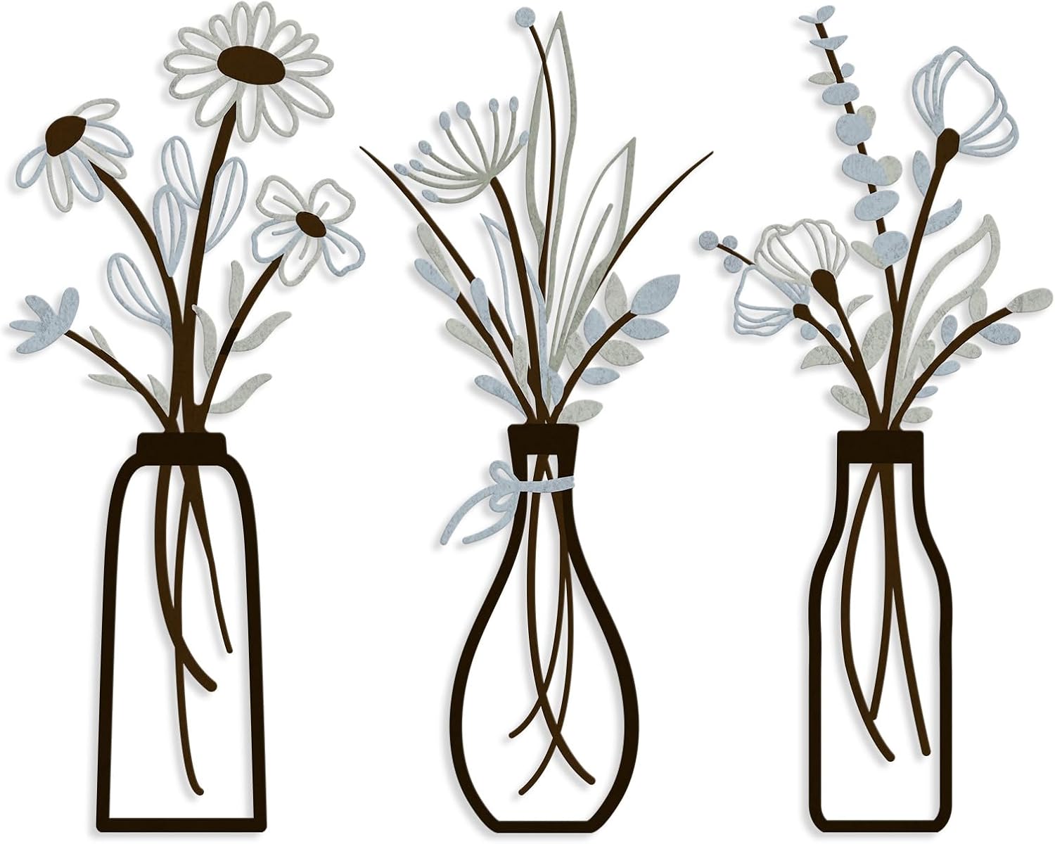 Pigort 3 Pieces Metal Flowers Wall Arts - Rustic Farmhouse Decor Beige Minimalist Flower Wall Decors for Living room Bathroom Bedroom Dining Room-Housewarming Gifts (Beige, Vase-C)