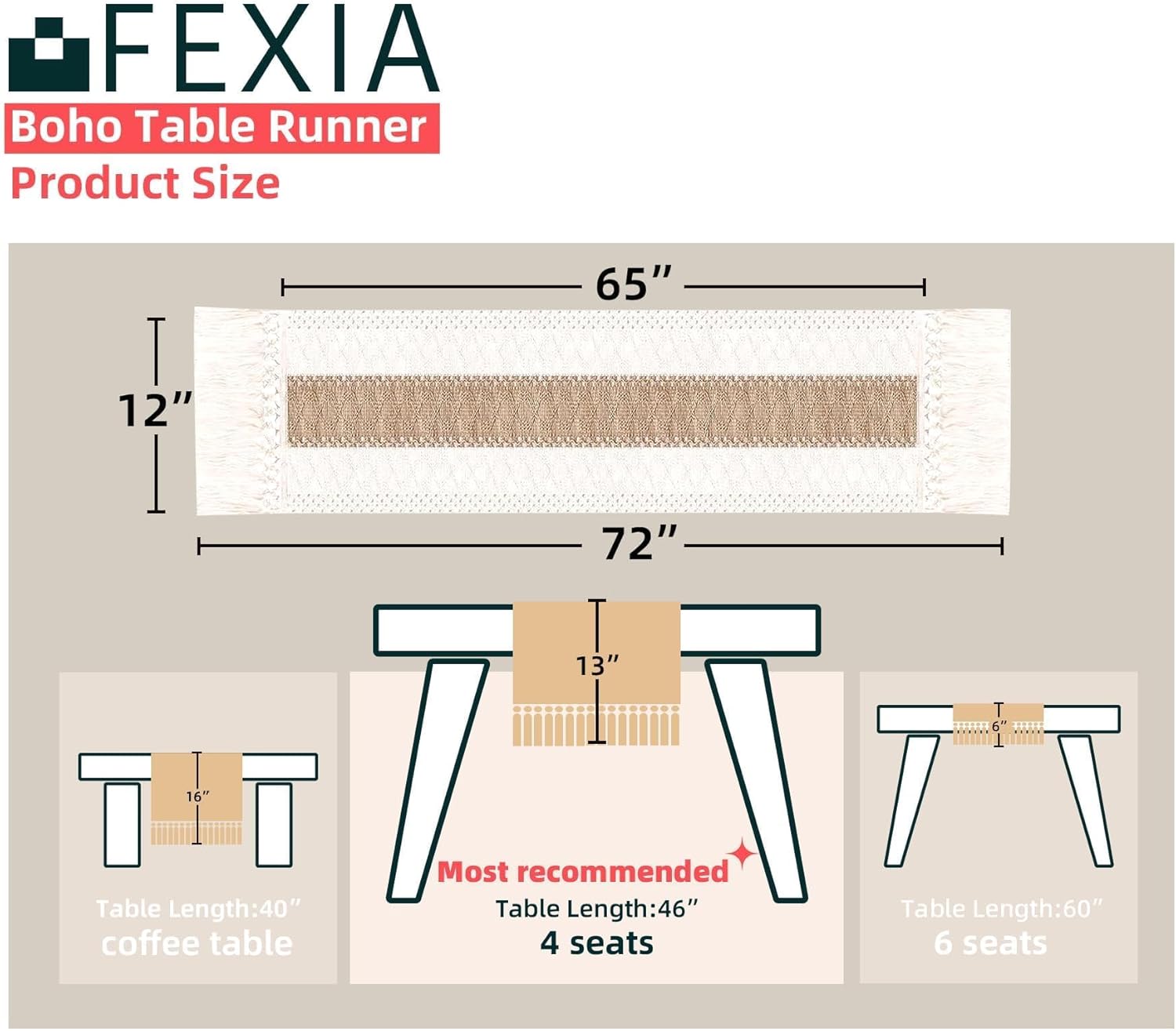 FEXIA Boho Table Runner for Fall Home Decor with Tassels 72 Inches Long Farmhouse Rustic Table Runner Macrame Burlap Table Decoration for Living Room Bridal Shower(12x72 Inches)
