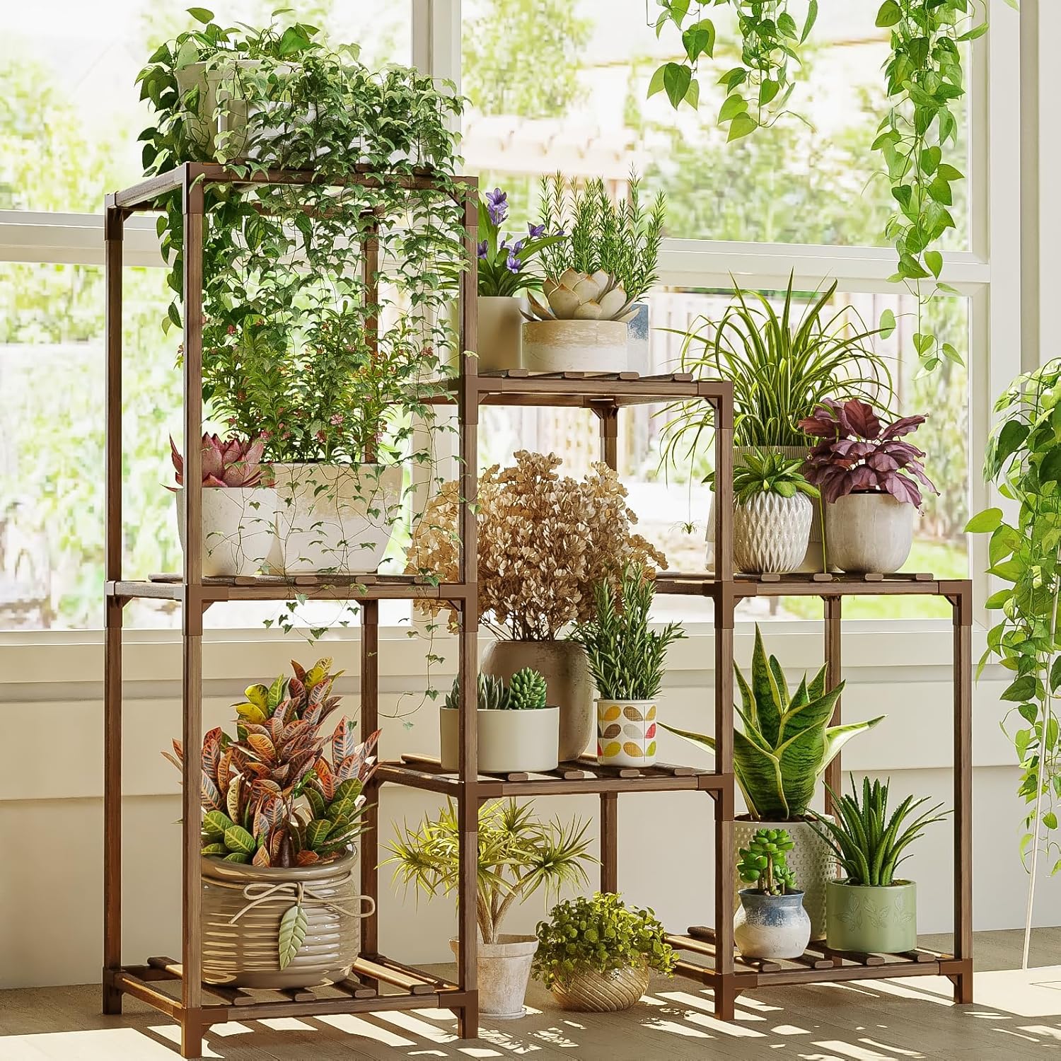 Bamworld Plant Stand Indoor Plant Shelf Outdoor Wood Plant Rack for Multiple Plants 3 Tiers Ladder Plant Pot Holder for Living Room Patio Boho Home Decor for Gardening