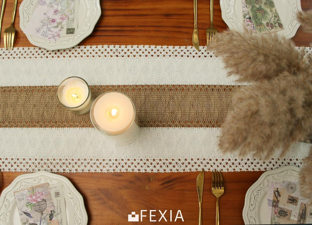 FEXIA Boho Table Runner for Fall Home Decor with Tassels 72 Inches Long Farmhouse Rustic Table Runner Macrame Burlap Table Decoration for Living Room Bridal Shower(12x72 Inches)