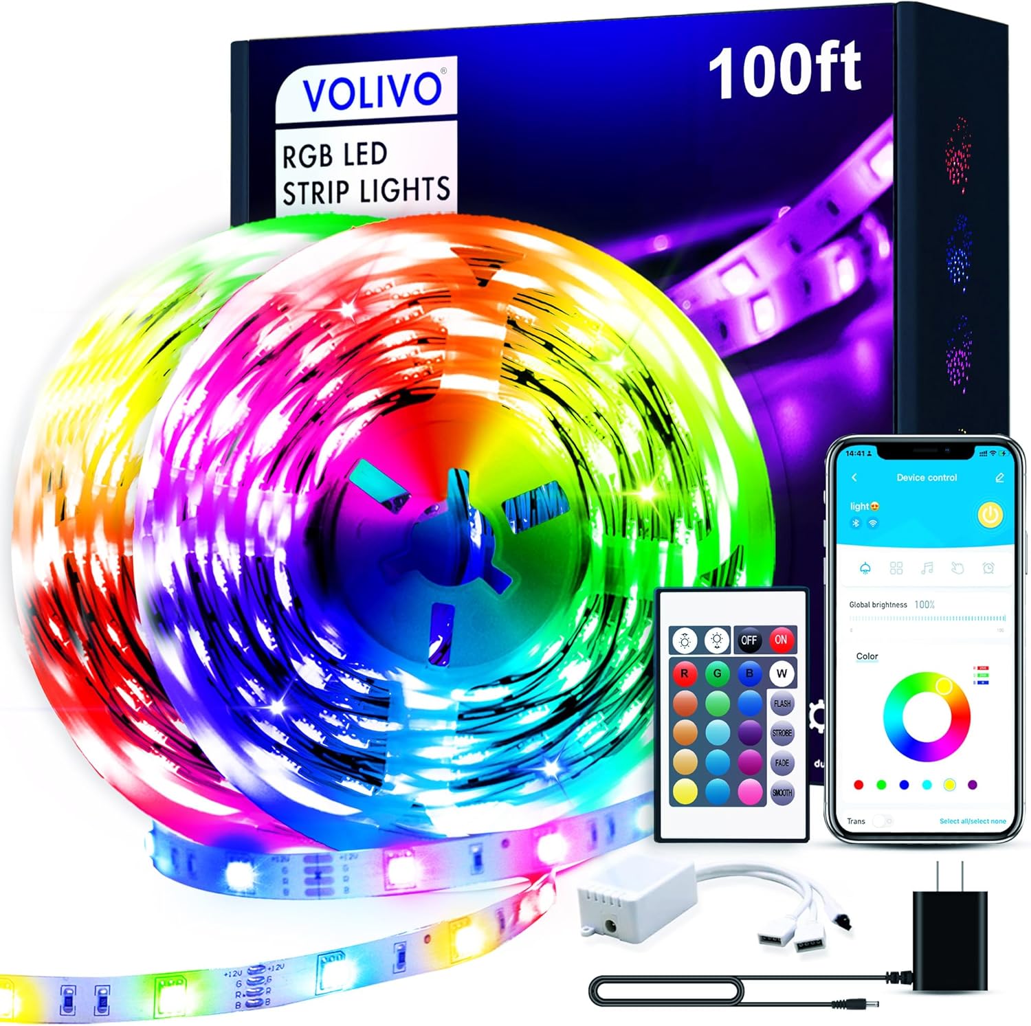 VOLIVO Led Strip Lights 130ft 24V,Bluetooth RGB App Controlled Led Light Strip Music Sync, Color Changing Lighting for Bedroom, Home Decor