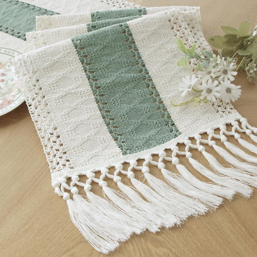 FEXIA Boho Table Runner for Fall Home Decor with Tassels 72 Inches Long Farmhouse Rustic Table Runner Macrame Burlap Table Decoration for Living Room Bridal Shower(12x72 Inches)
