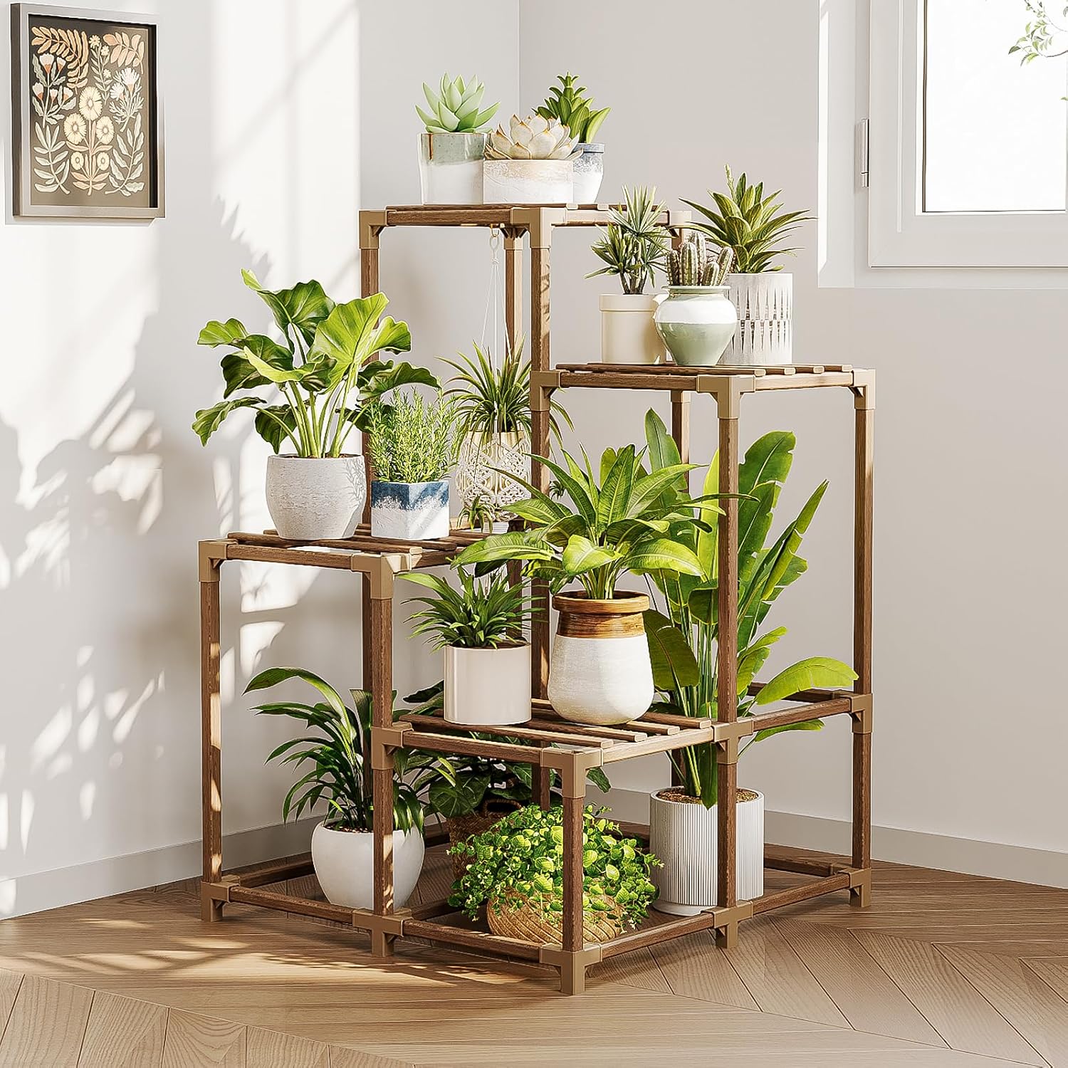 Bamworld Plant Stand Indoor Plant Shelf Outdoor Wood Plant Rack for Multiple Plants 3 Tiers Ladder Plant Pot Holder for Living Room Patio Boho Home Decor for Gardening