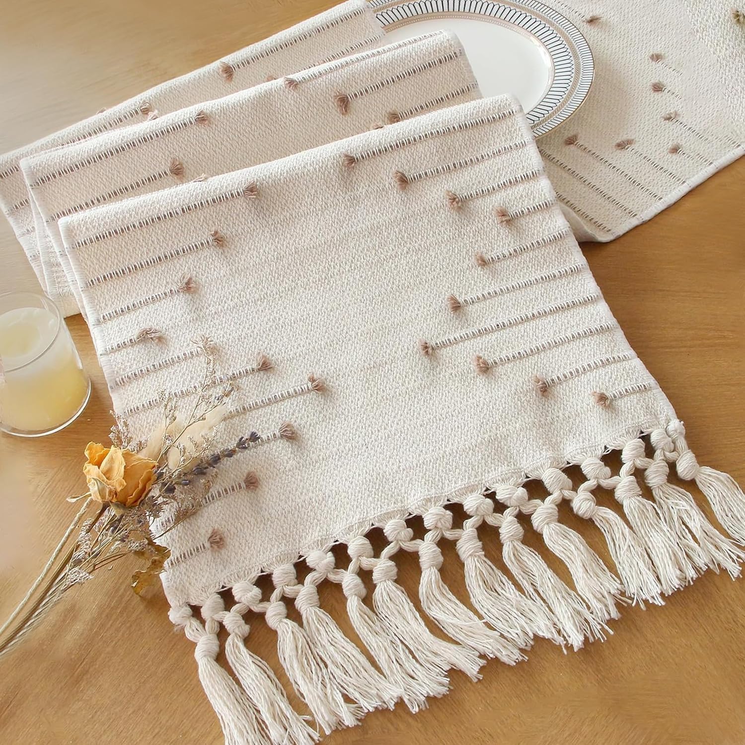 FEXIA Boho Table Runner for Fall Home Decor with Tassels 72 Inches Long Farmhouse Rustic Table Runner Macrame Burlap Table Decoration for Living Room Bridal Shower(12x72 Inches)