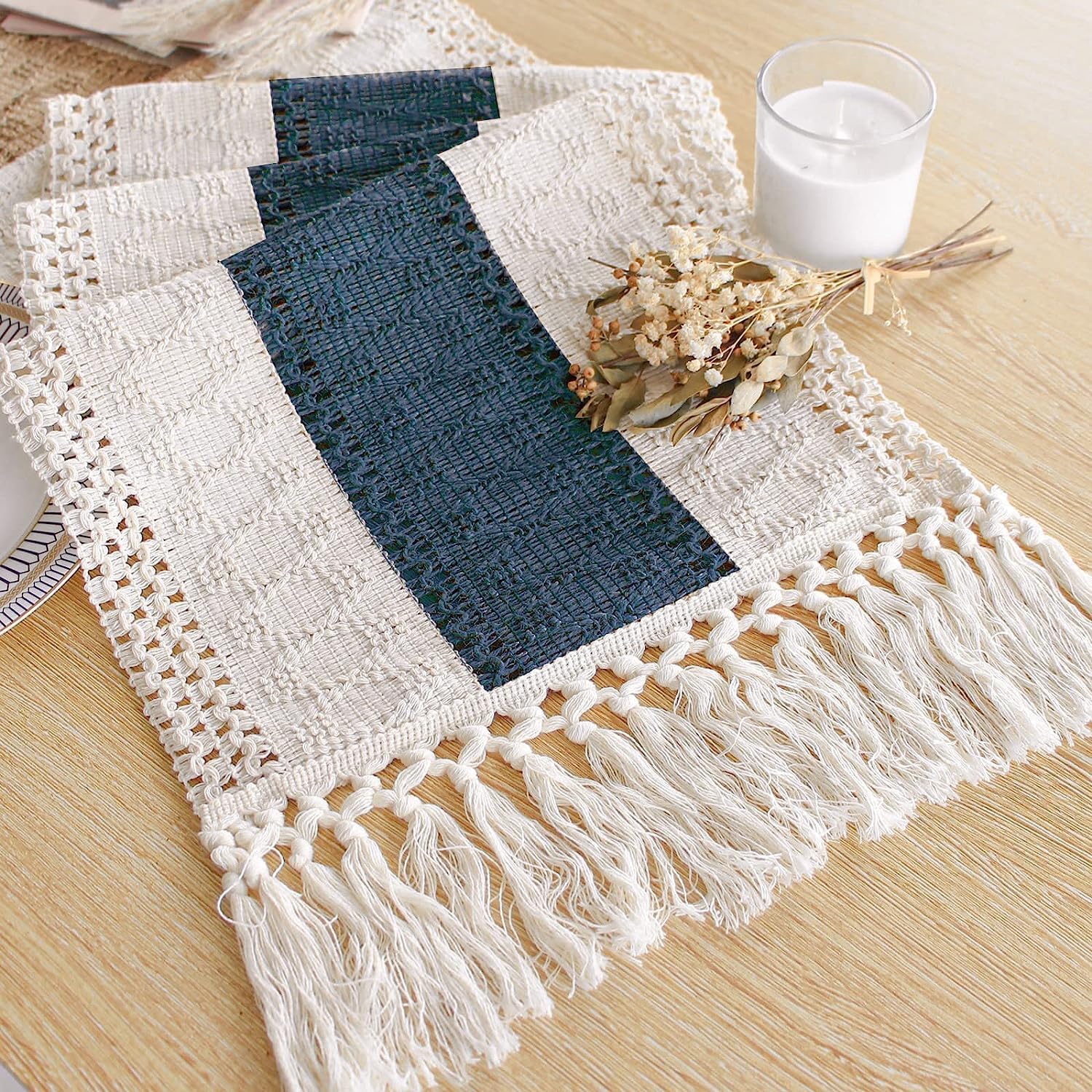 FEXIA Boho Table Runner for Fall Home Decor with Tassels 72 Inches Long Farmhouse Rustic Table Runner Macrame Burlap Table Decoration for Living Room Bridal Shower(12x72 Inches)