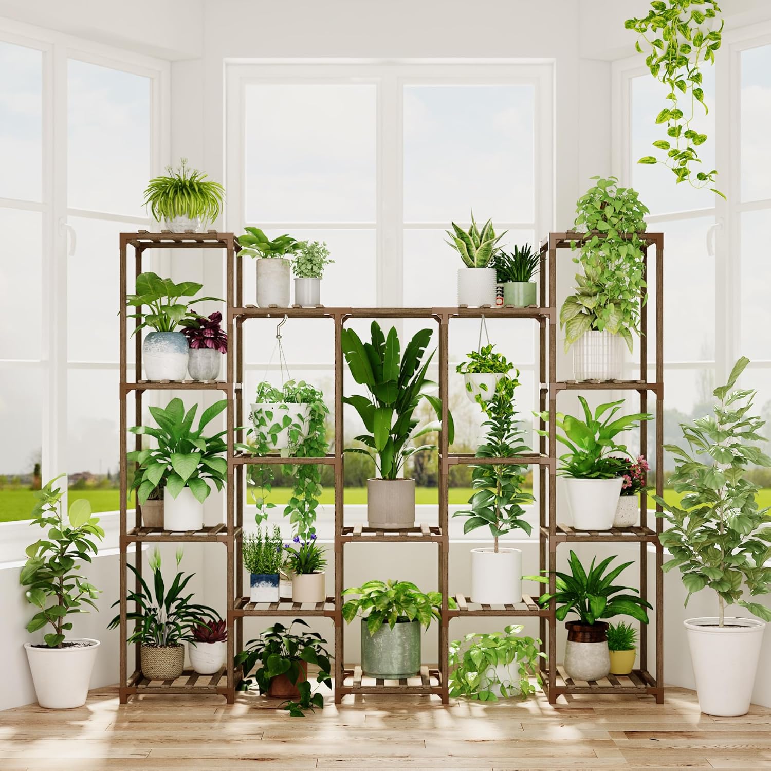 Bamworld Plant Stand Indoor Plant Shelf Outdoor Wood Plant Rack for Multiple Plants 3 Tiers Ladder Plant Pot Holder for Living Room Patio Boho Home Decor for Gardening