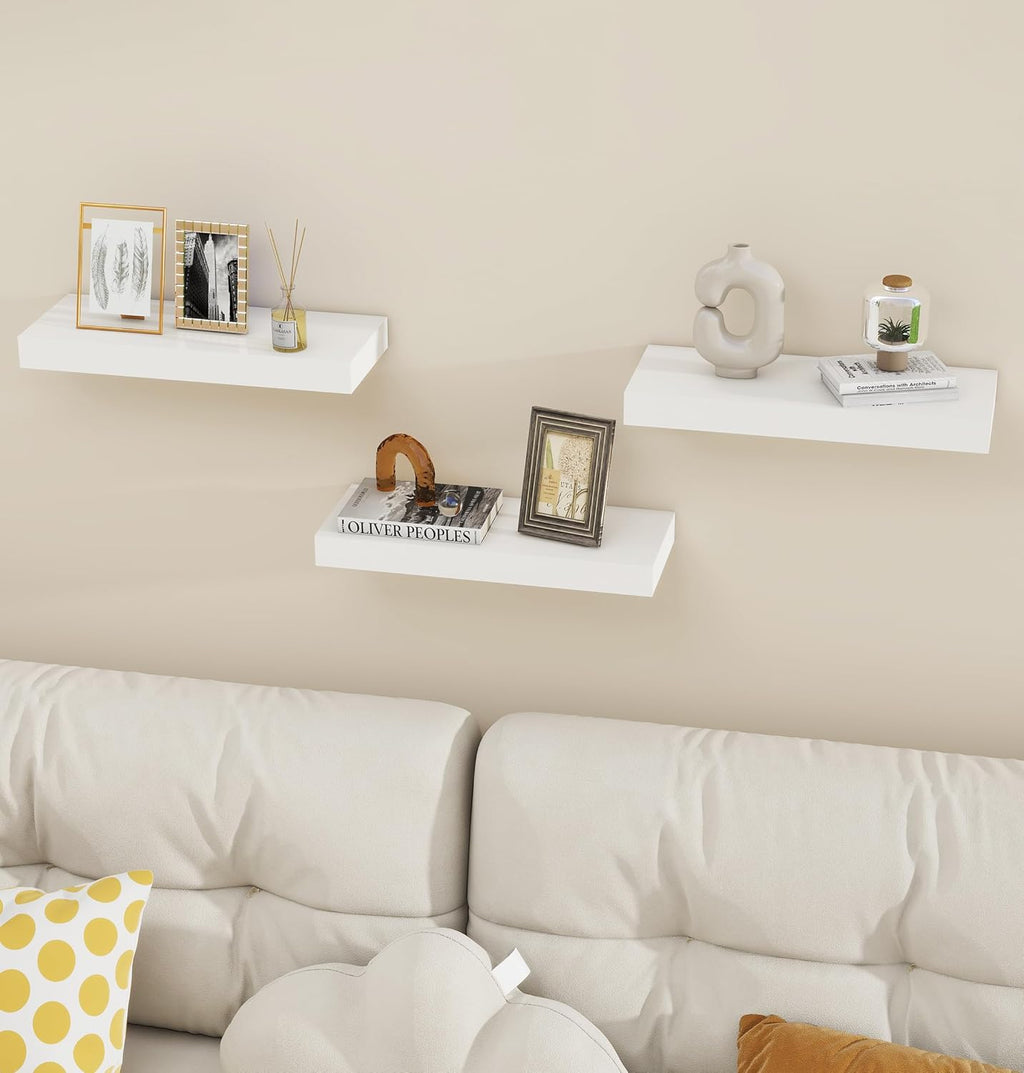 Vervida Floating Shelves 3 Pack of 15 in White for Home Decor and Storage, Kitchen, Living Room, Bedroom, Bathroom, Office, Hanging Shelf with Invisible Brackets Wall Shelves Floating Shelf