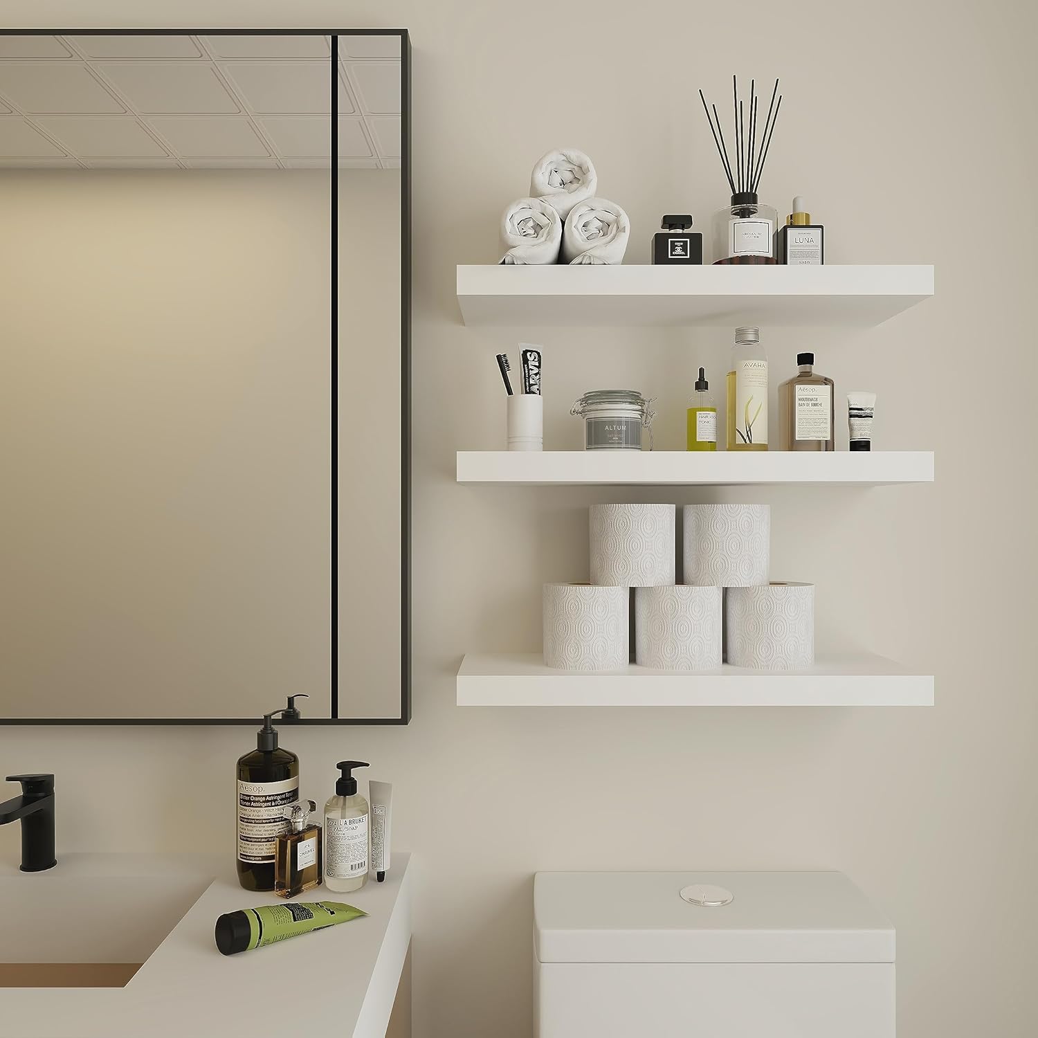 Vervida Floating Shelves 3 Pack of 15 in White for Home Decor and Storage, Kitchen, Living Room, Bedroom, Bathroom, Office, Hanging Shelf with Invisible Brackets Wall Shelves Floating Shelf