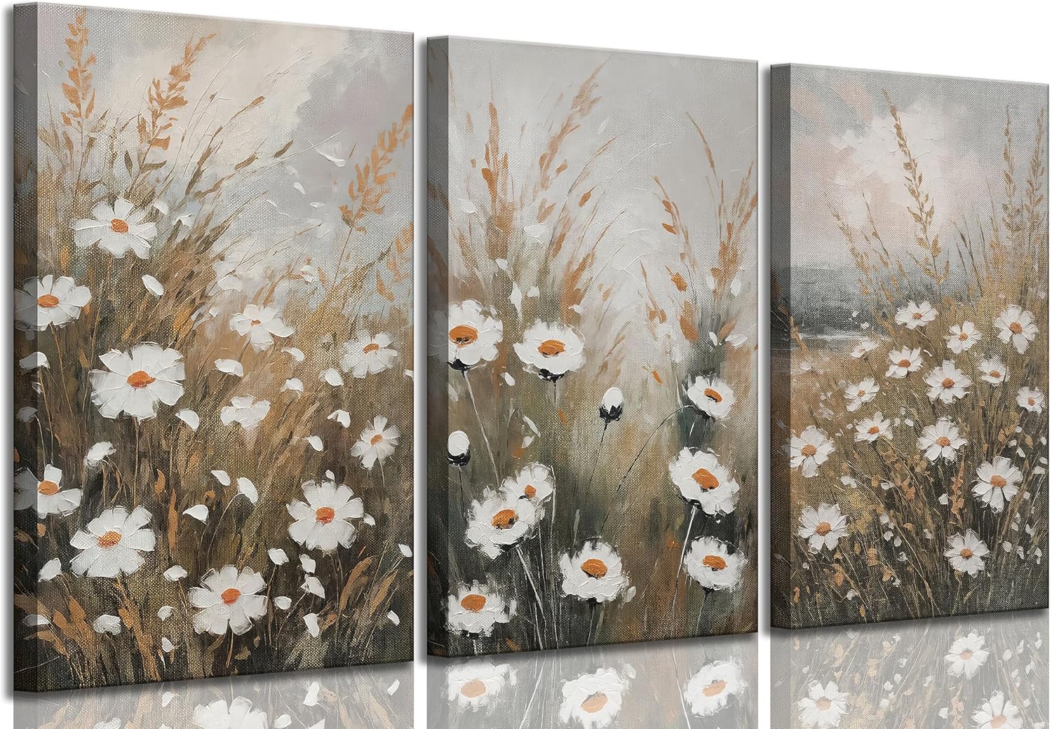 3 Pcs Vintage Wildflowers Field Canvas Wall art Farmhouse Rustic Wildflower Nature Landscape Painting Pictures Wall Decor Posters Print Artwork for Living Room Bathroom Home Decoration Unframed