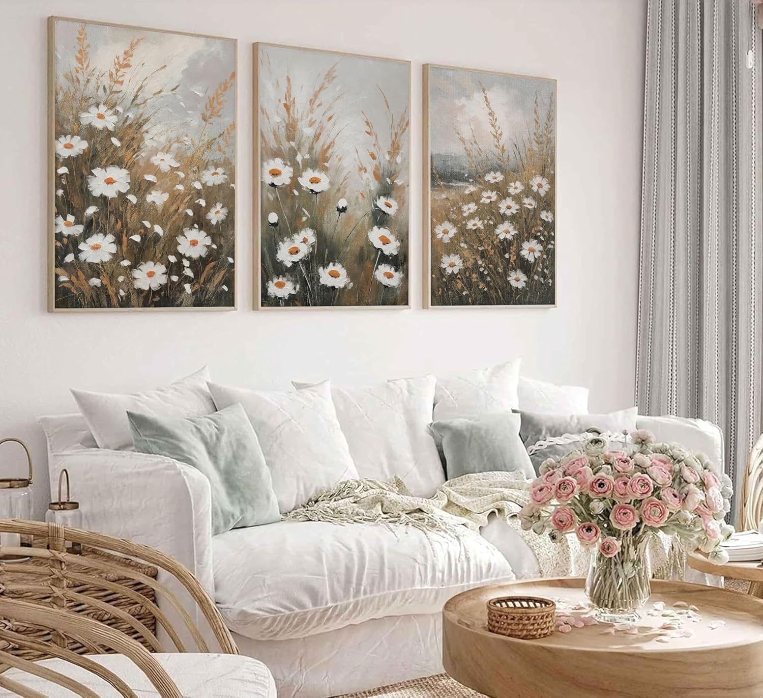 3 Pcs Vintage Wildflowers Field Canvas Wall art Farmhouse Rustic Wildflower Nature Landscape Painting Pictures Wall Decor Posters Print Artwork for Living Room Bathroom Home Decoration Unframed